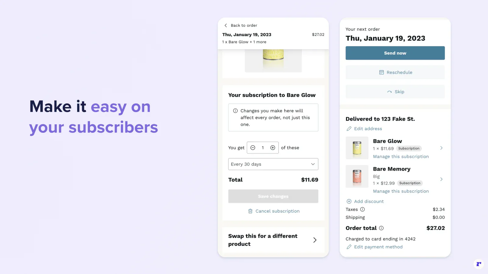 Recharge subscription management dashboard displaying advanced customization and analytics features for Shopify merchants.